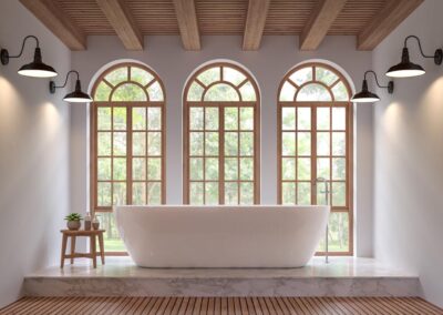 scandinavian bathroom with wooden ceilings